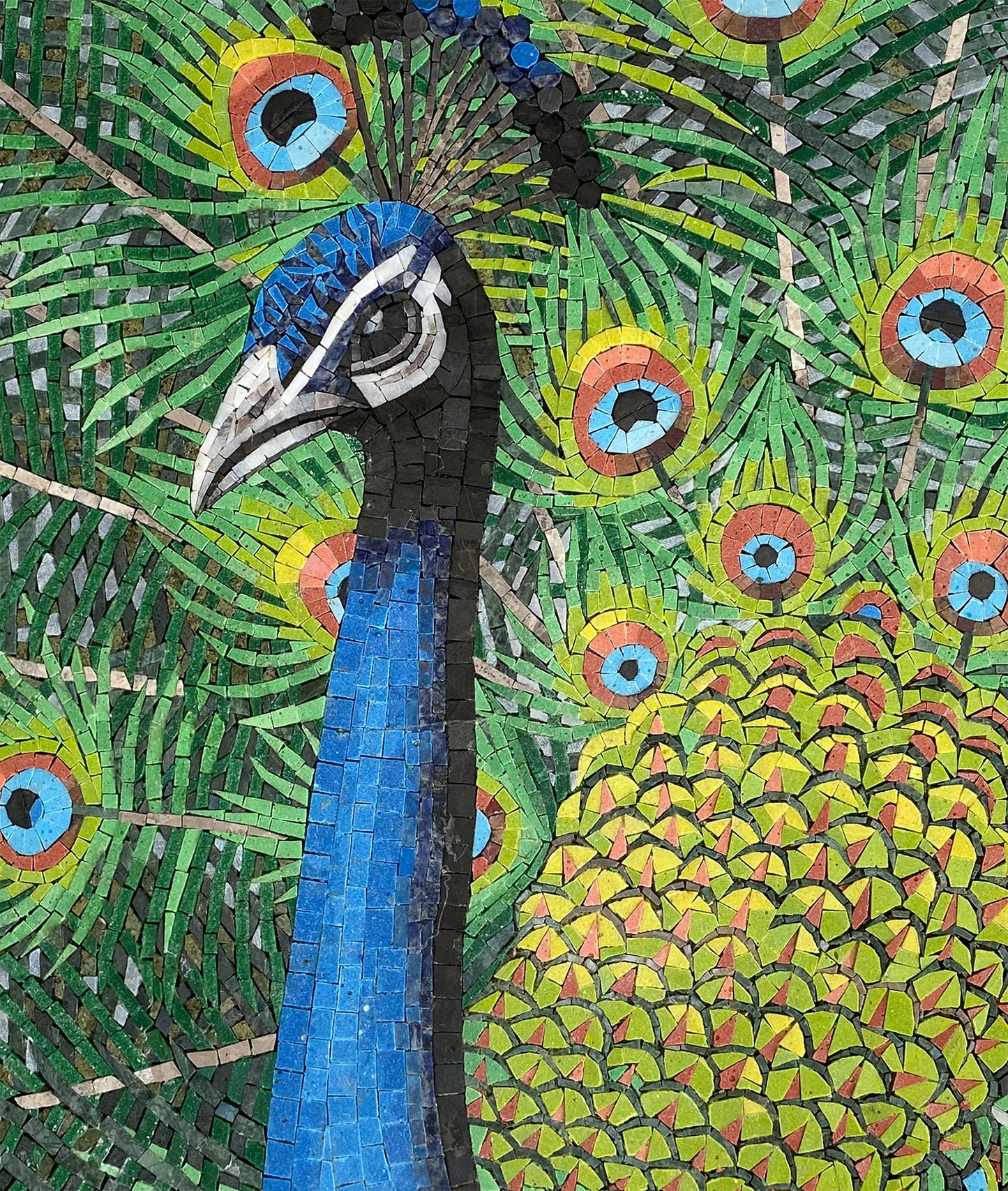 Handmade Peacock Mosaic Tile Art: Round Marble Medallion (24" Diameter)