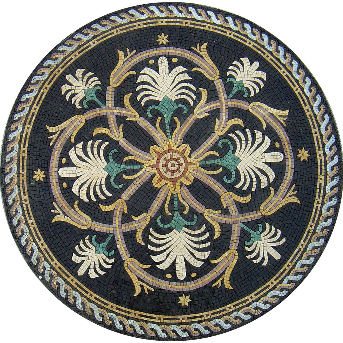 Handmade Marble Mosaic Medallion: Black Floral Art Tile, 40"