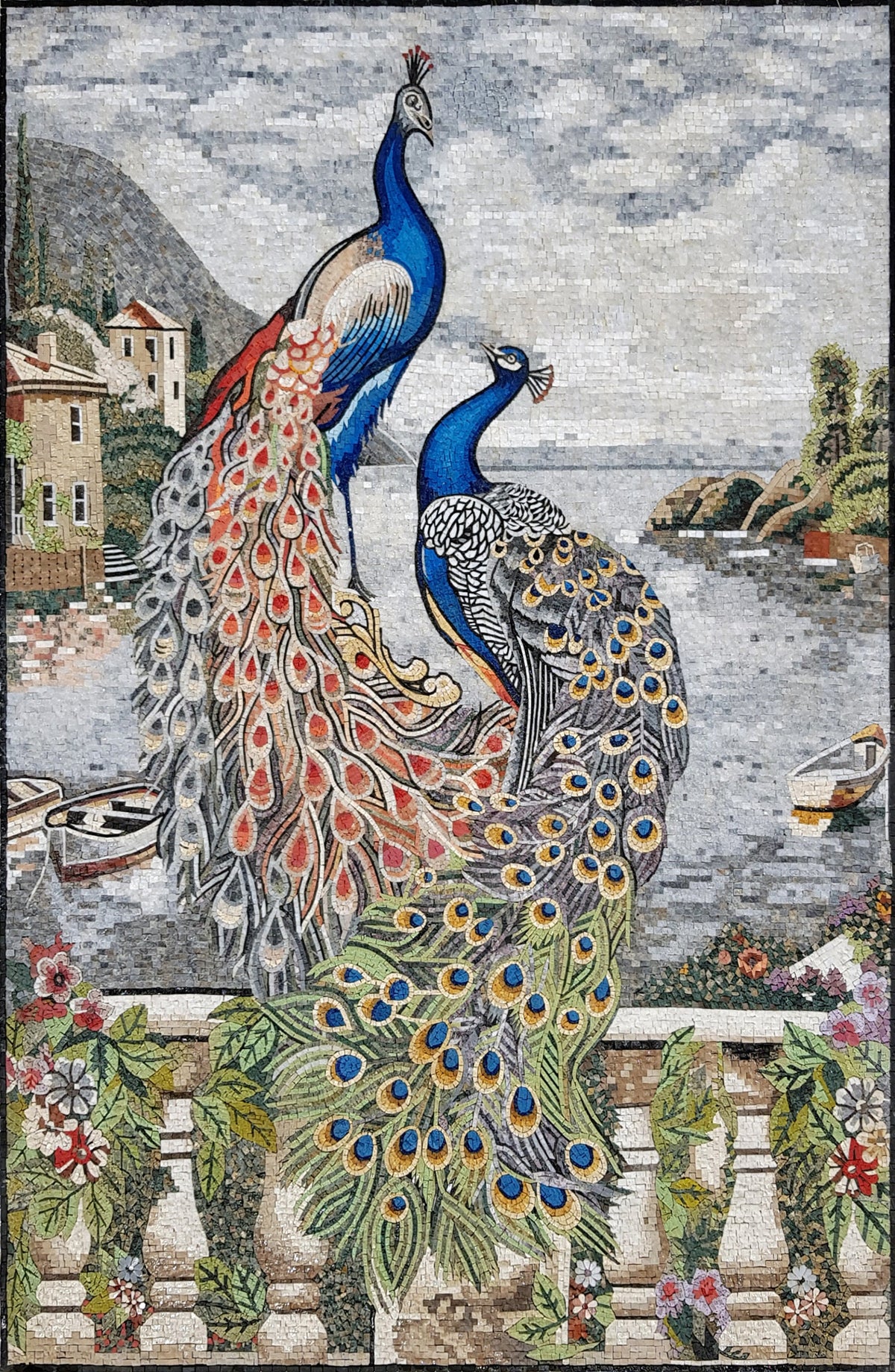 Handmade Peacock Mosaic Tile Art: Botanical Floral Wall Decor (64” x 44”)