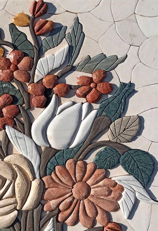 16"x24" Embossed Multicolored Flower Mosaic – Handmade Marble Tile Wall Art, Customization available
