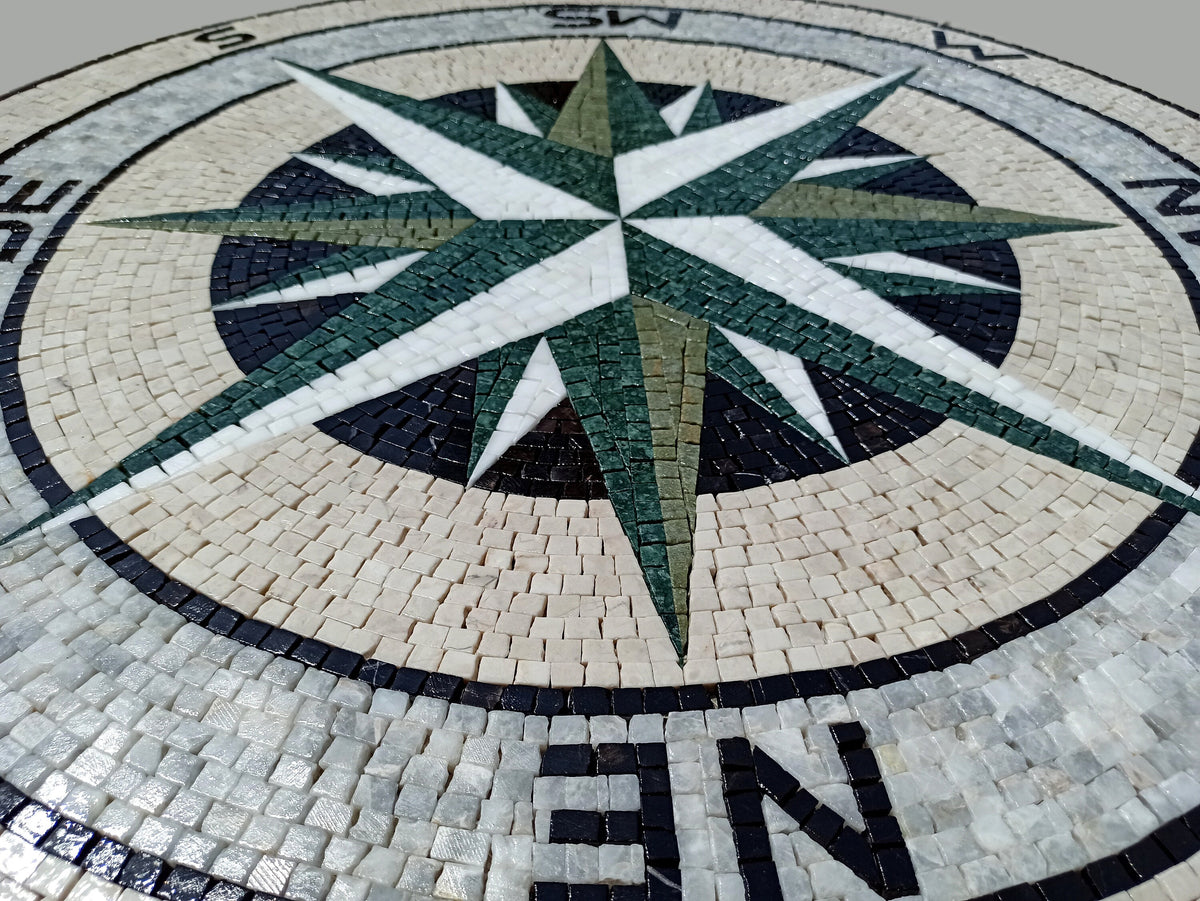 Handmade Compass Mosaic Tile: Wind Rose Medallion, Indoor/Outdoor (32" Diameter)