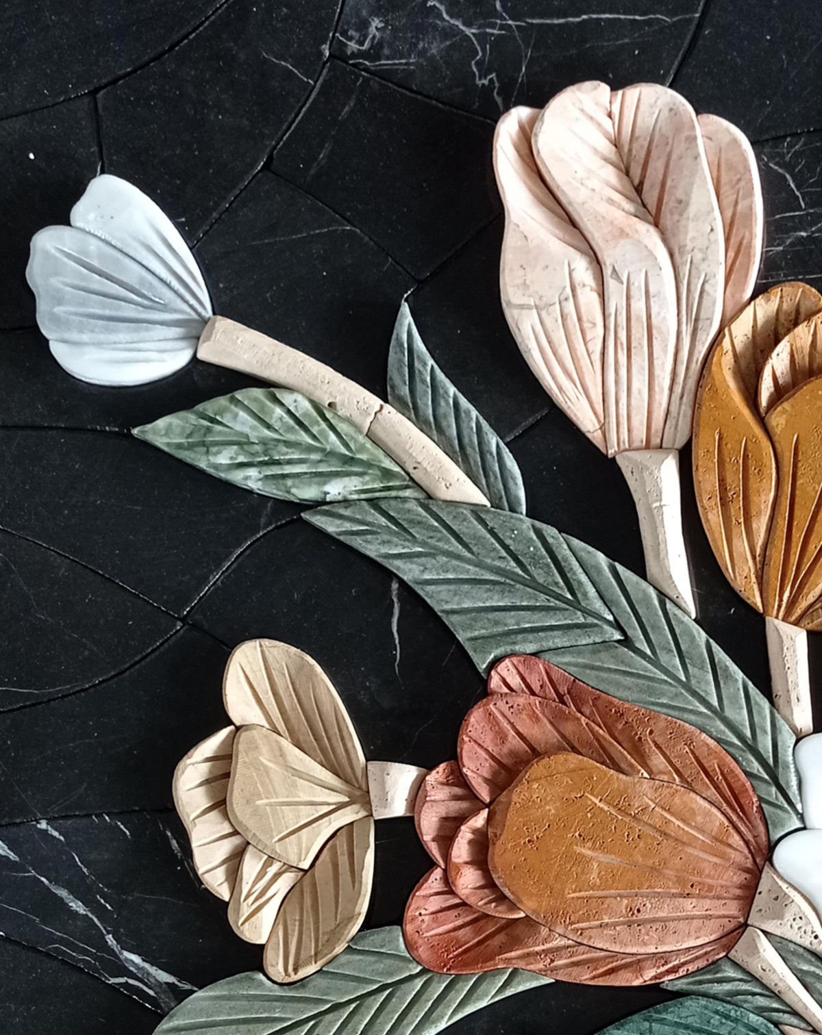 Handmade Marble Mosaic Tile Art: Embossed Floral Wall Decor