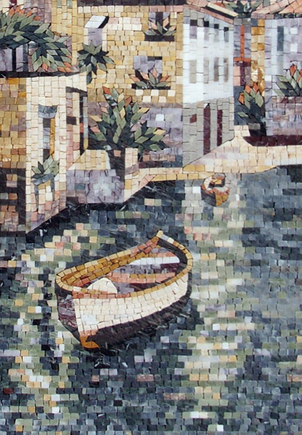 Coastal City Mosaic Tile Art: Handmade Marble Artwork (40” x 28”)