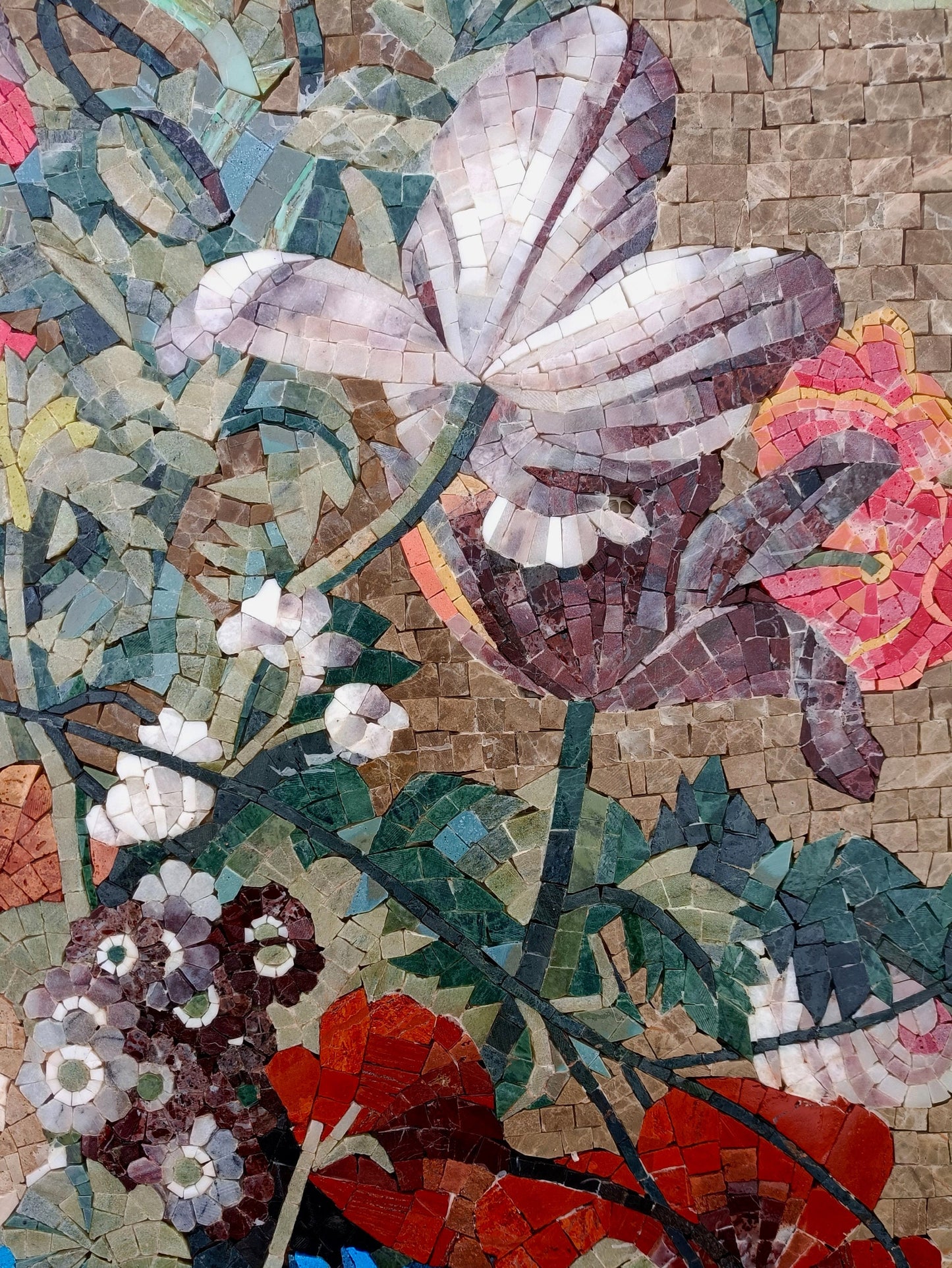 Handmade Marble Mosaic Art: Flowers in Urn - Wall Decor