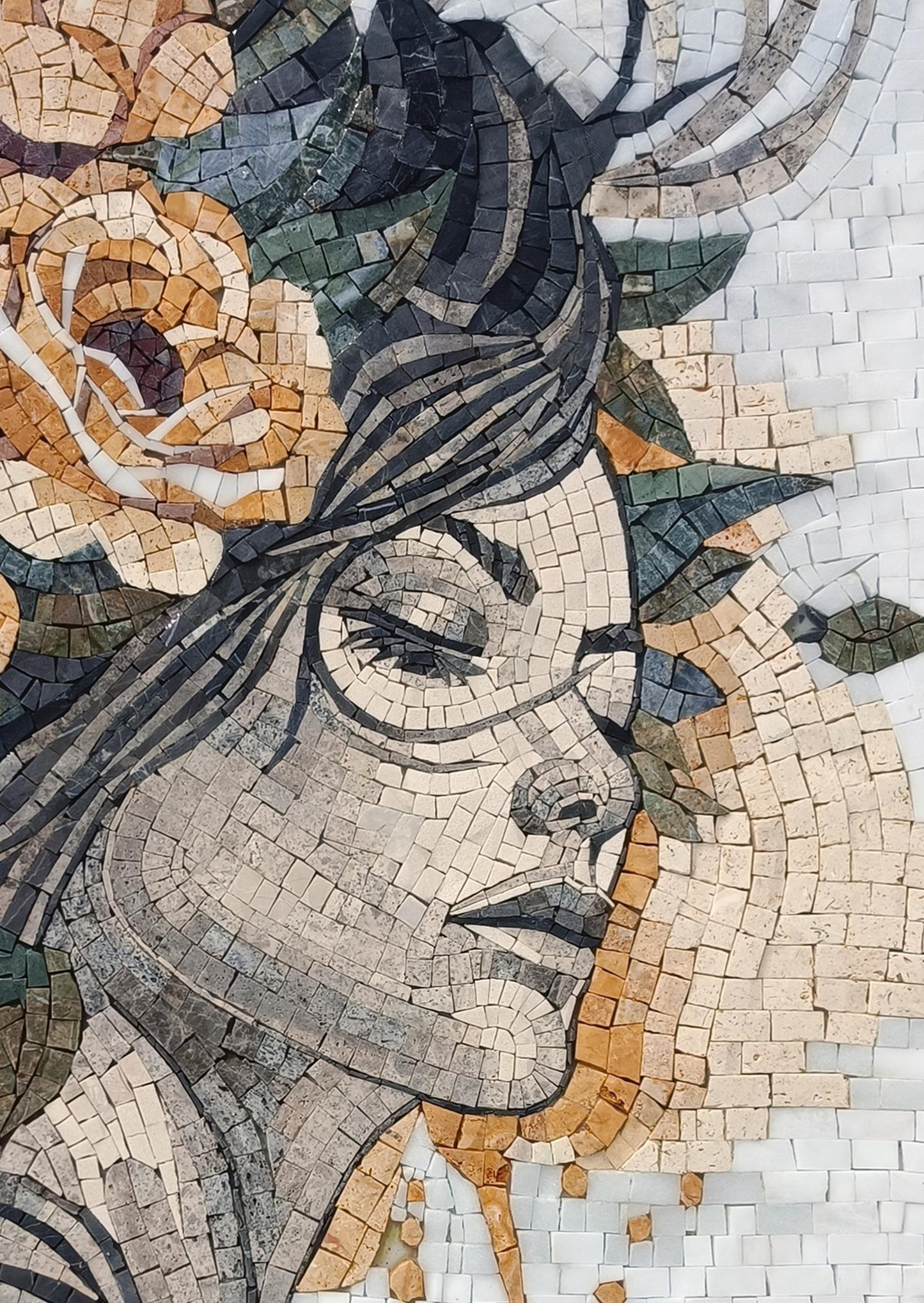 WOMAN MOSAIC TILES | Woman Hair Flying With Elegant Roses, Art Tile Mural