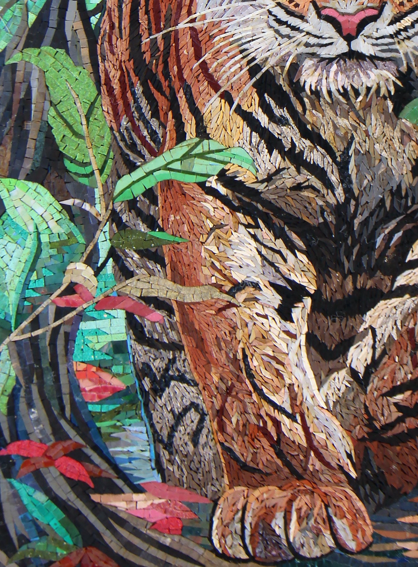 40"x28" Tiger in Leaves Mosaic Wall Art – Custom Handmade Marble Tile Artwork, Jungle Wildlife Decor, Customization Available