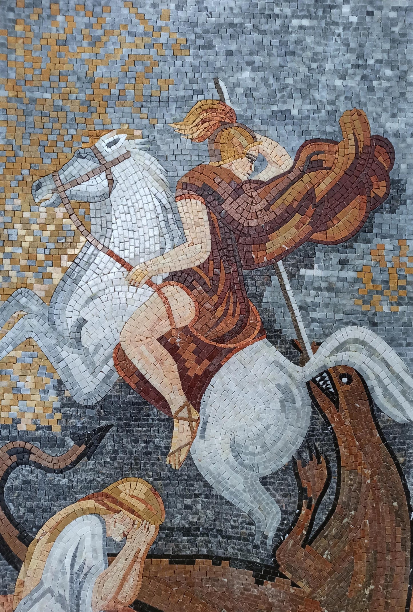 26"x52" Saint George Slaying the Dragon Mosaic – Religious Christian Decor, Custom Sacred Mura, Customization available