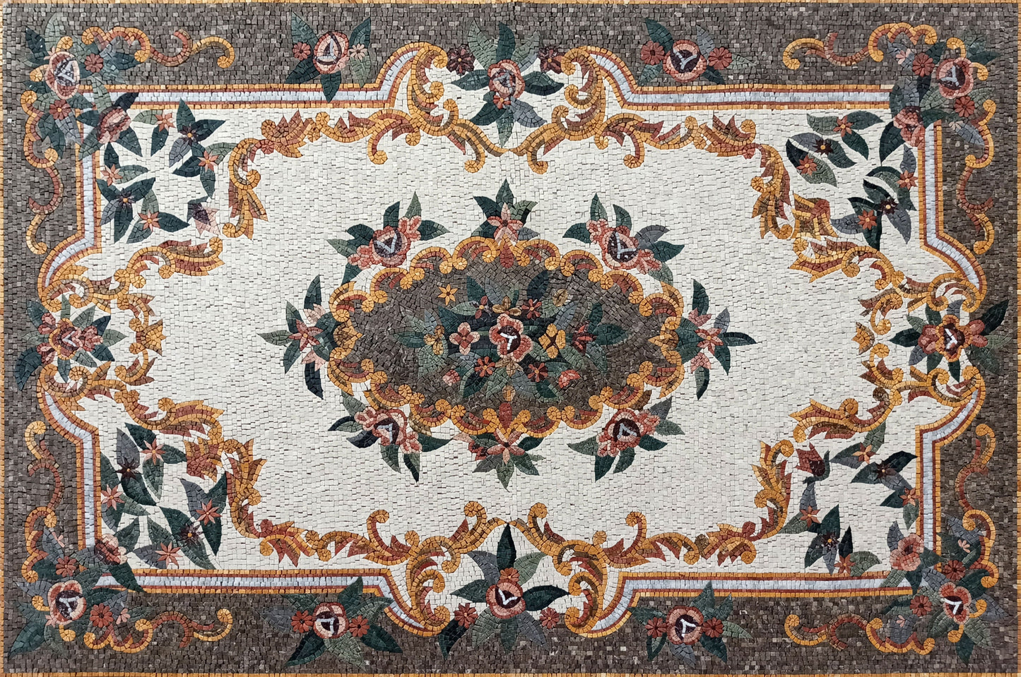 Floral Marble Mosaic Rug: Handmade Stone Art Carpet (90” x 60")