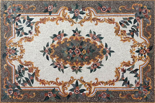 Floral Marble Mosaic Rug: Handmade Stone Art Carpet (90” x 60")
