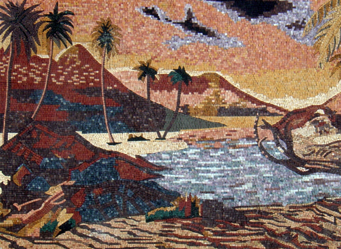 Handmade Palm Tree Mosaic Tile Art: Desert Lake Landscape