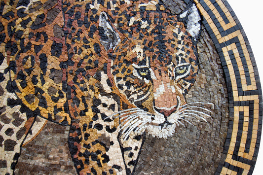 Handmade Tiger Marble Mosaic Tile Art: Jungle Decor (32" Diameter)
