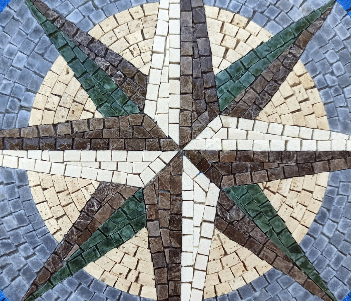Nautical Compass Mosaic Tile: Blue Wind Rose Medallion (32" Diameter)
