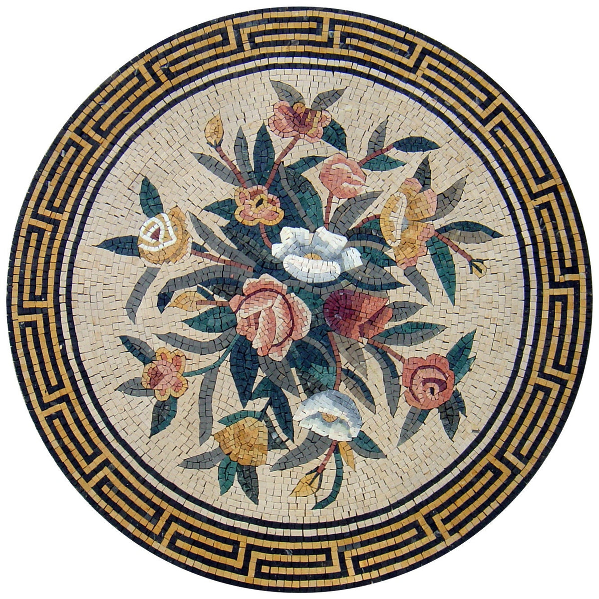 48" Handmade Marble Mosaic Medallion: Flowers & Vine