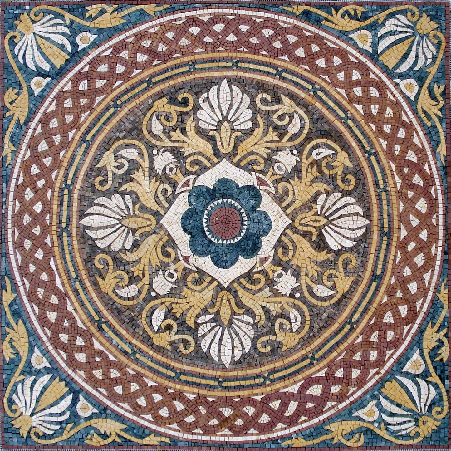 48" Floral Marble Mosaic Tile: Geometric Medallion Mural