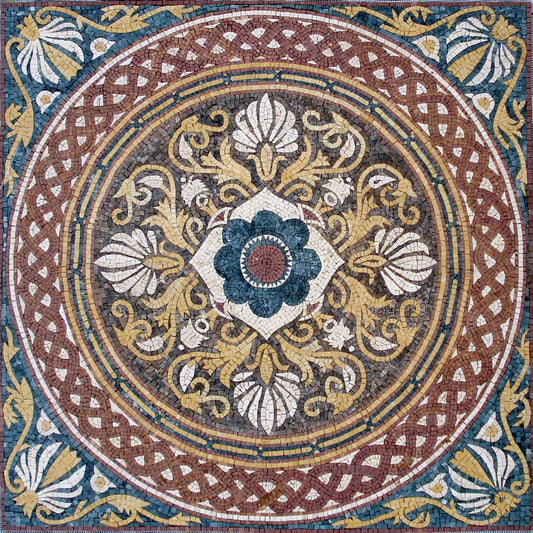 48" Floral Marble Mosaic Tile: Geometric Medallion Mural