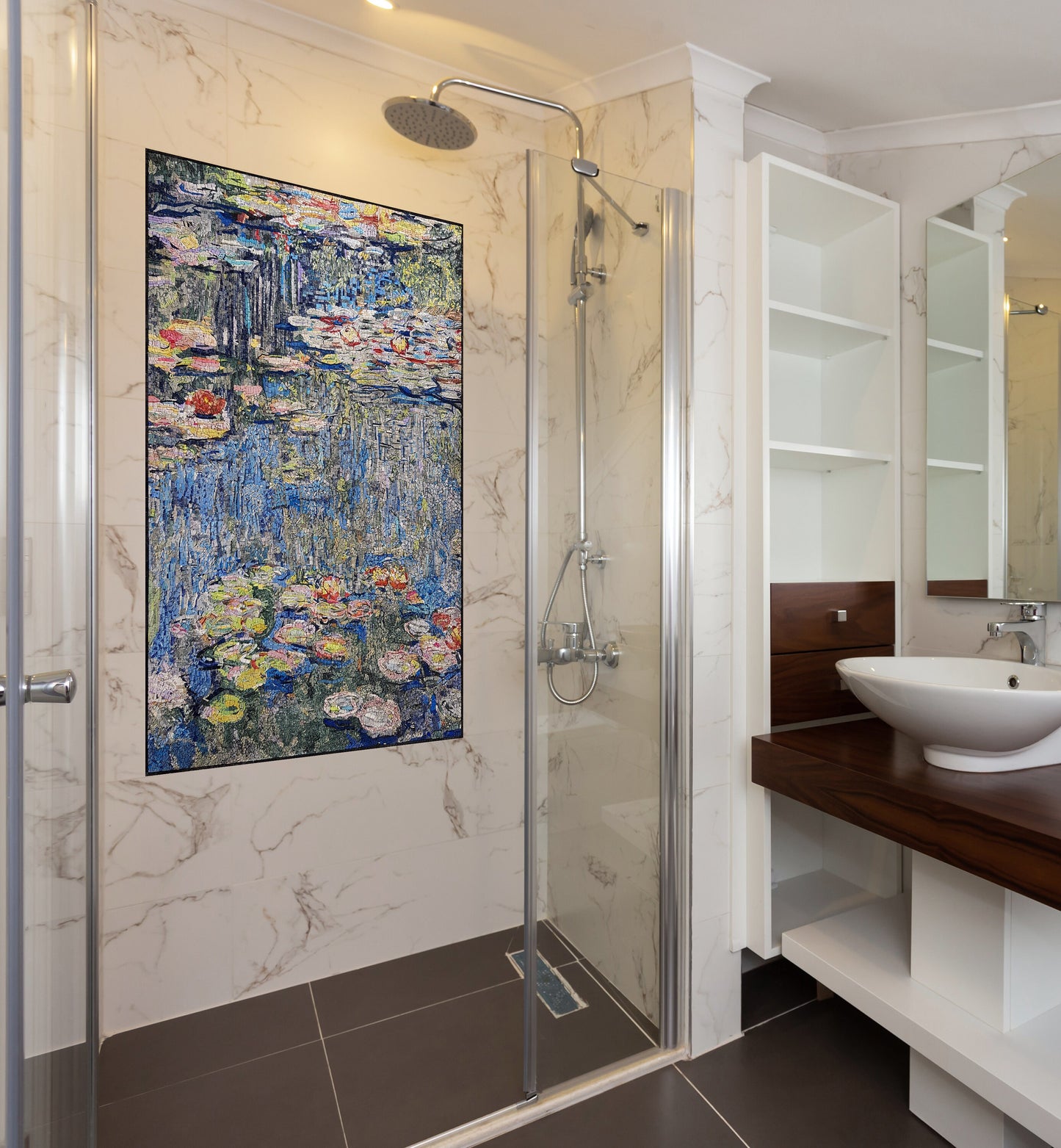 Monet's Water Lilies Mosaic Art: Handmade Marble Tile Reproduction
