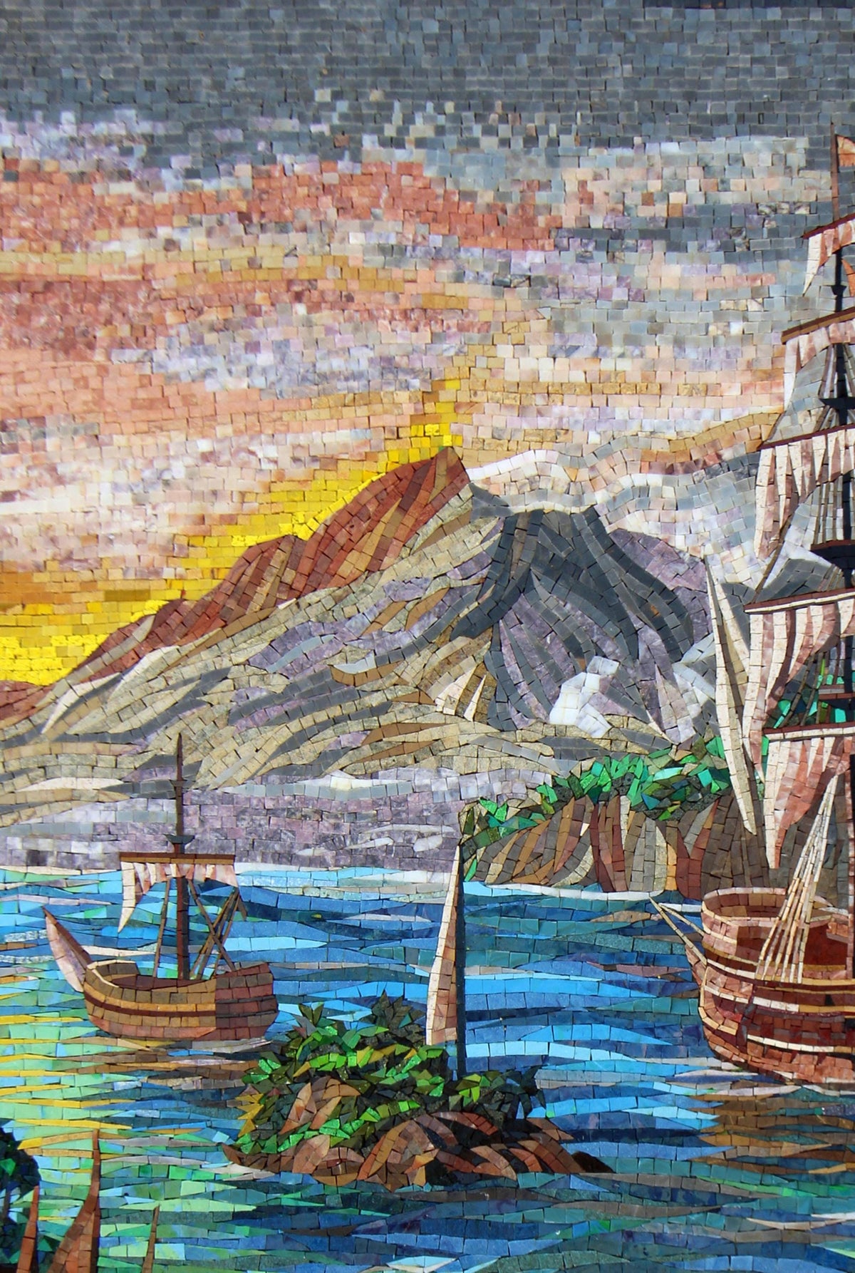 48"x32" Ships in Sea Mosaic Wall Art – Nautical Seascape, Coastal Home Decor, Customization available