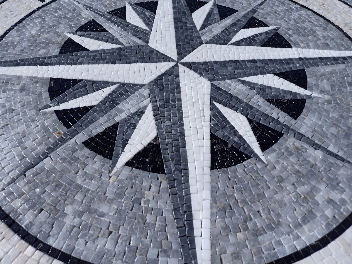 Handmade Compass Rose Mosaic Tile: Nautical Floor Decor (32" Diameter)