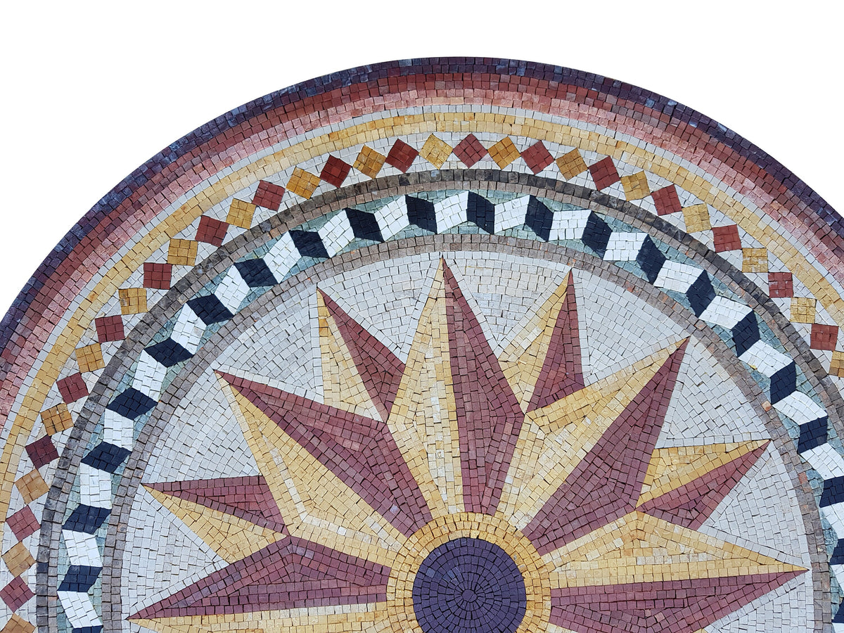 Nautical Compass Rose Mosaic Tile Art: Handmade Marble Medallion (32" Diameter)