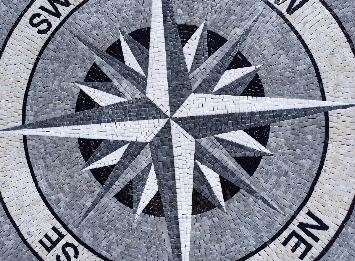 Nautical Compass Mosaic Tile Art: Handmade Marble Medallion (32" Diameter)