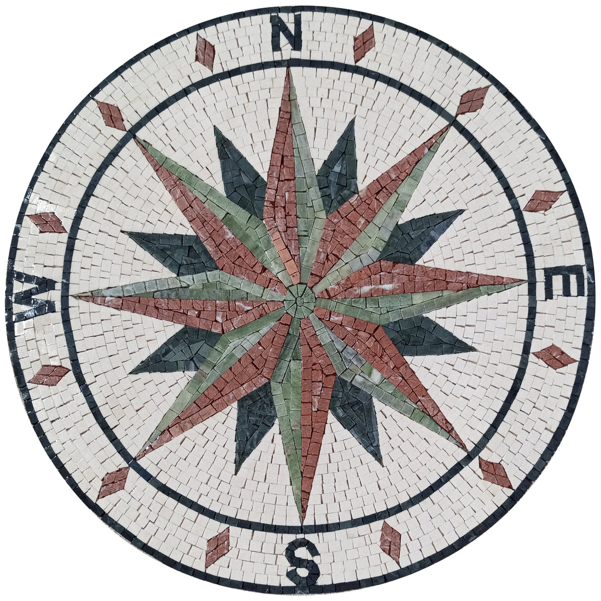 Handmade Marble Compass Mosaic Tile: Wind Rose Medallion (32" Diameter)