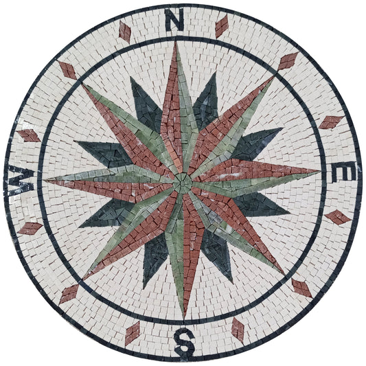 Handmade Marble Compass Mosaic Tile: Wind Rose Medallion (32" Diameter)