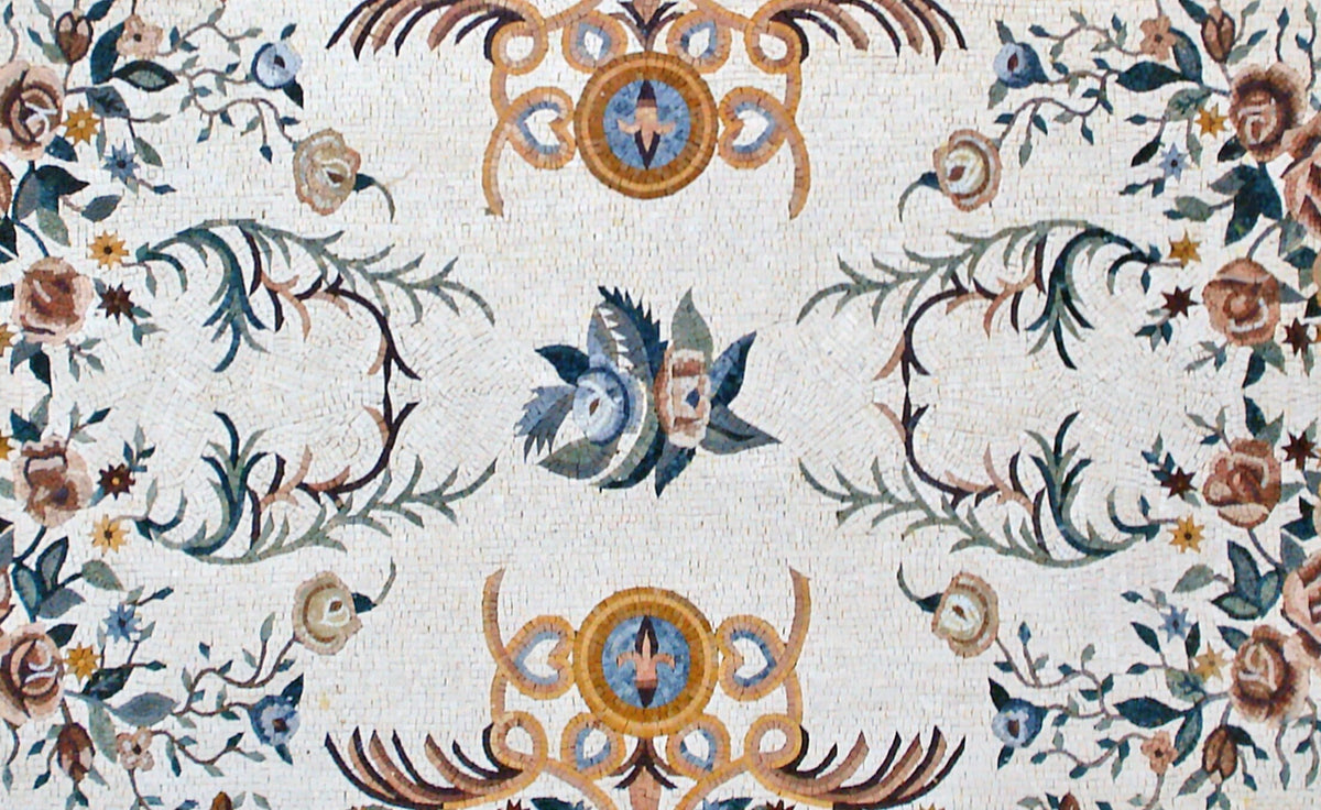 Handmade Rose Mosaic Rug: Marble Tile Floor Covering