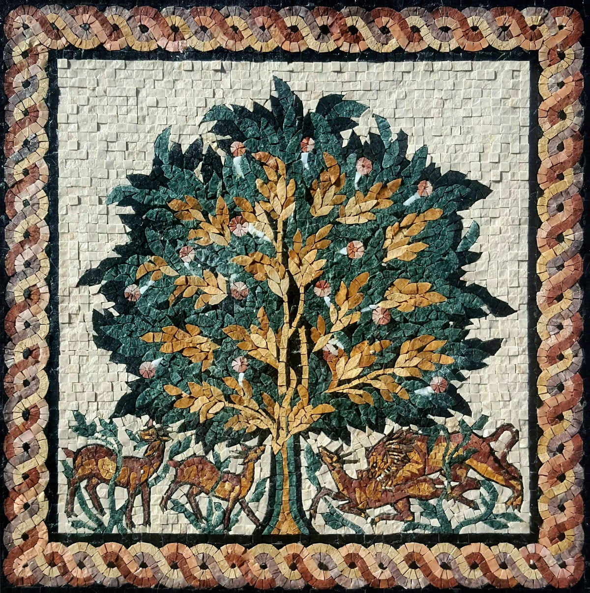 Tree of Life Marble Mosaic Art: Lion & Deer Mural (20" x 20")