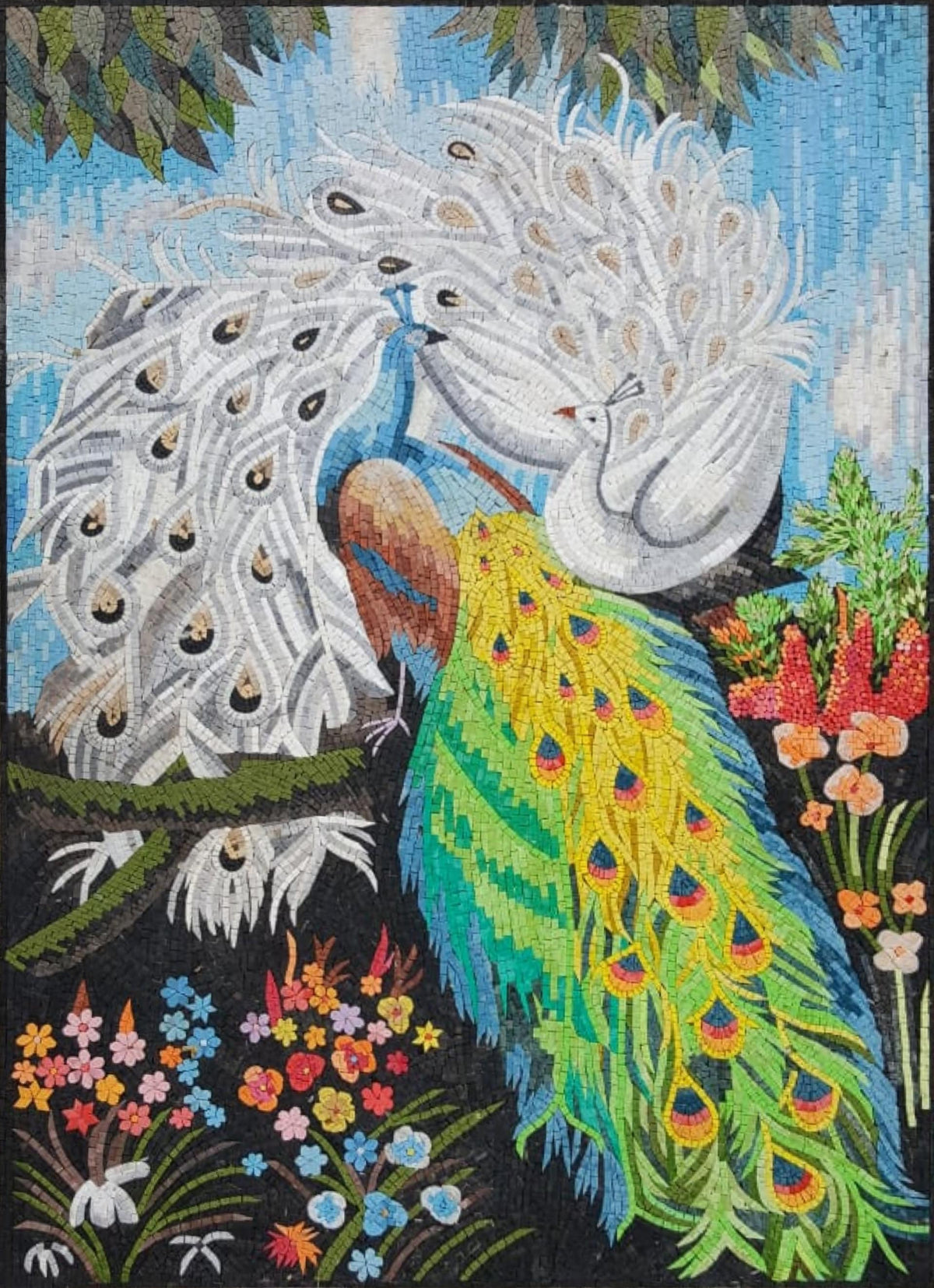 Handmade Peacock Mosaic Mural: Marble Tile Artwork (52” x 40")