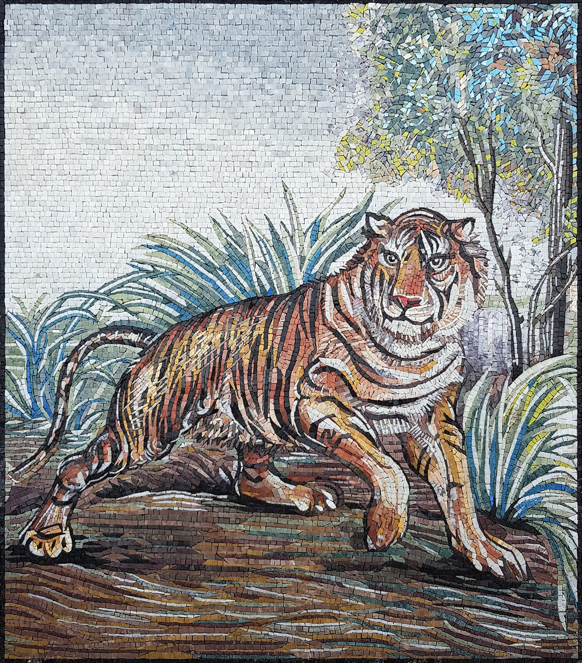 Handmade Tiger Mosaic Tile Art: Jungle Decor (40” x 36”)