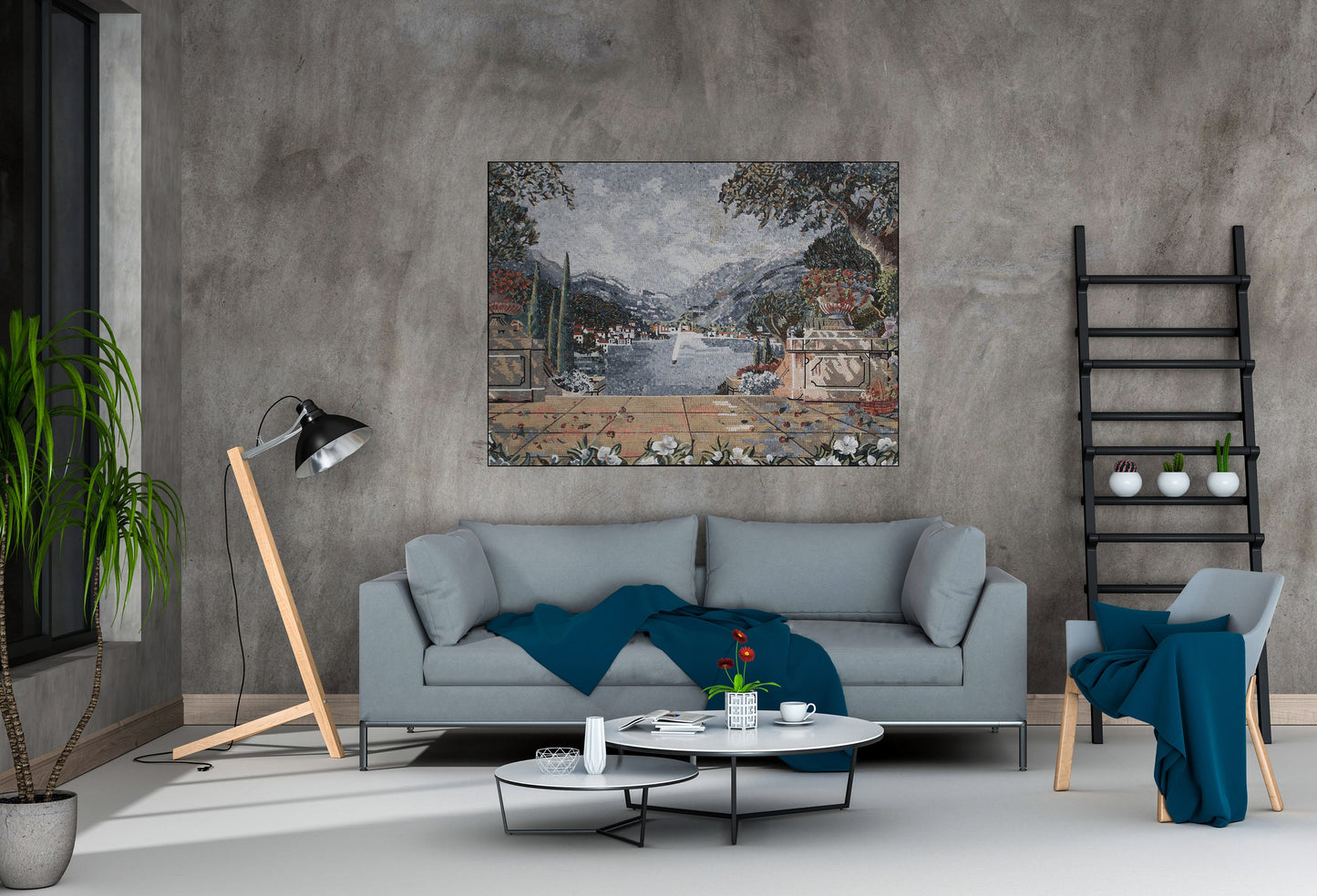 Handmade Italian Lake Mosaic Mural: Botanical View Wall Art