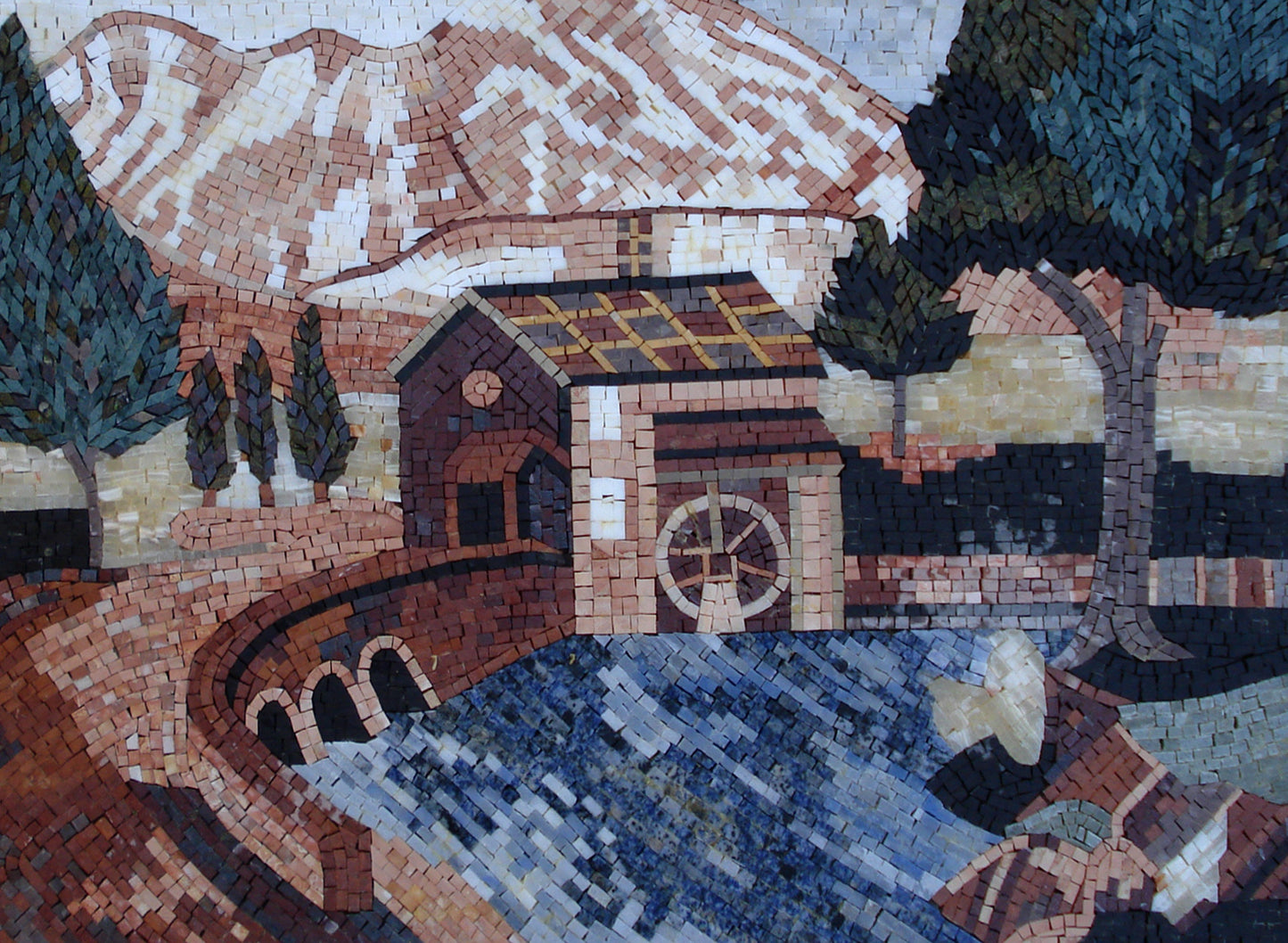 Handmade Marble Mosaic Tile Art: Water Dam House Botanical Tree