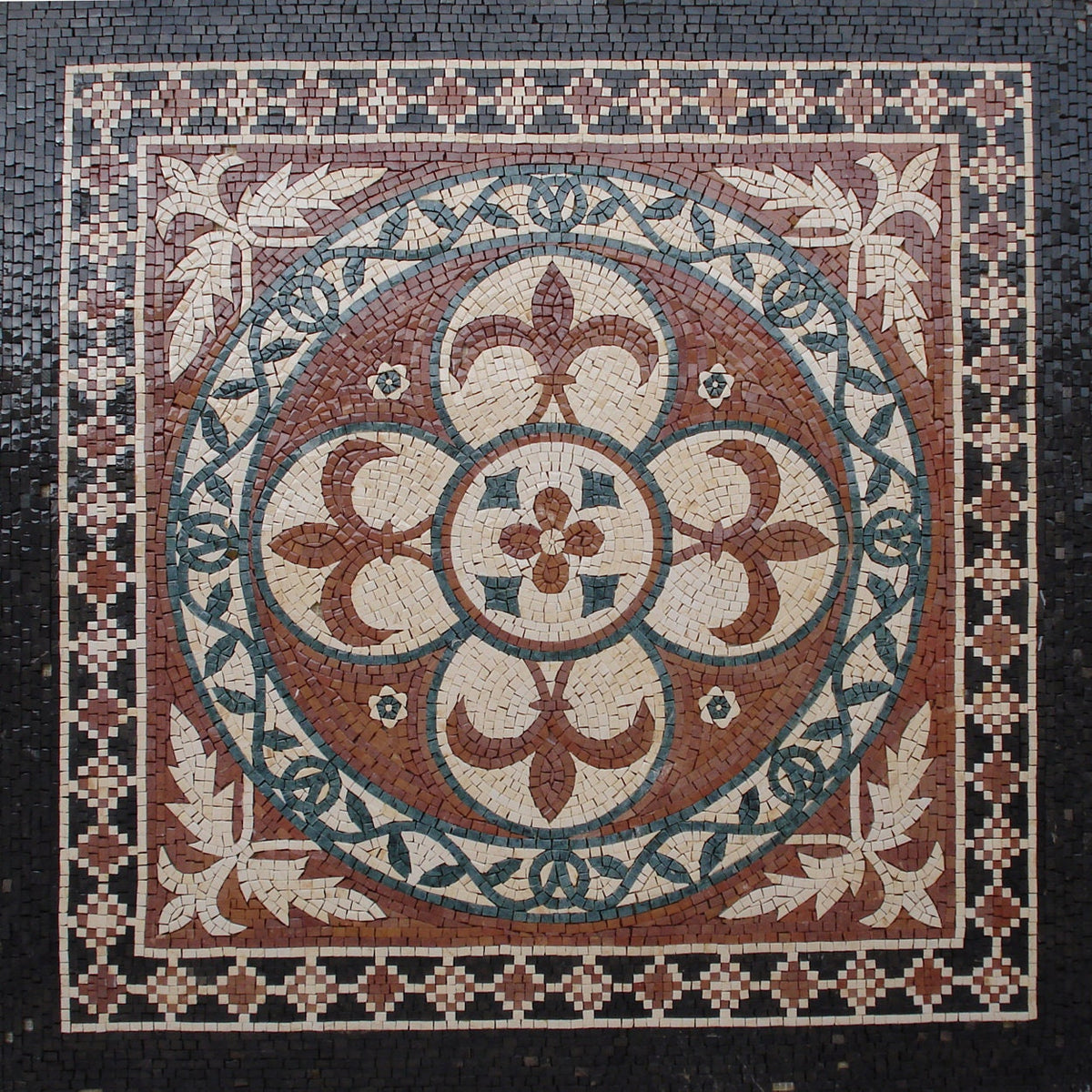 36” Floral Marble Mosaic Tile: Geometric Medallion Inlay