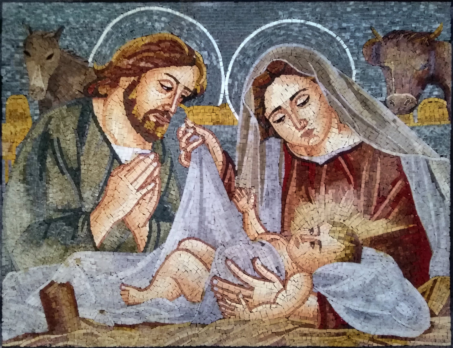 Virgin Mary and Jesus Mosaic Art: Handmade Christian Tile Mural (48” x 36”)