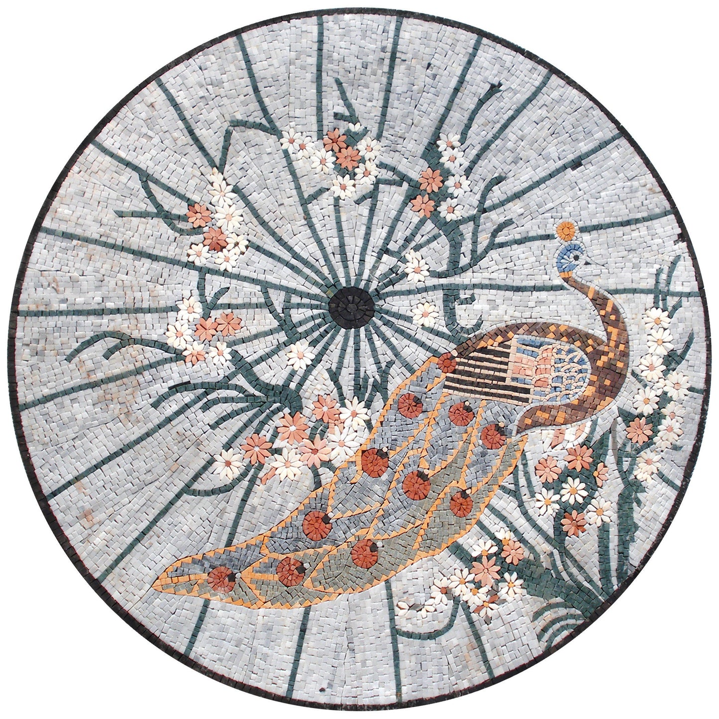 Handmade Peacock Mosaic Tile Art: Floral Marble Medallion (36" Diameter)