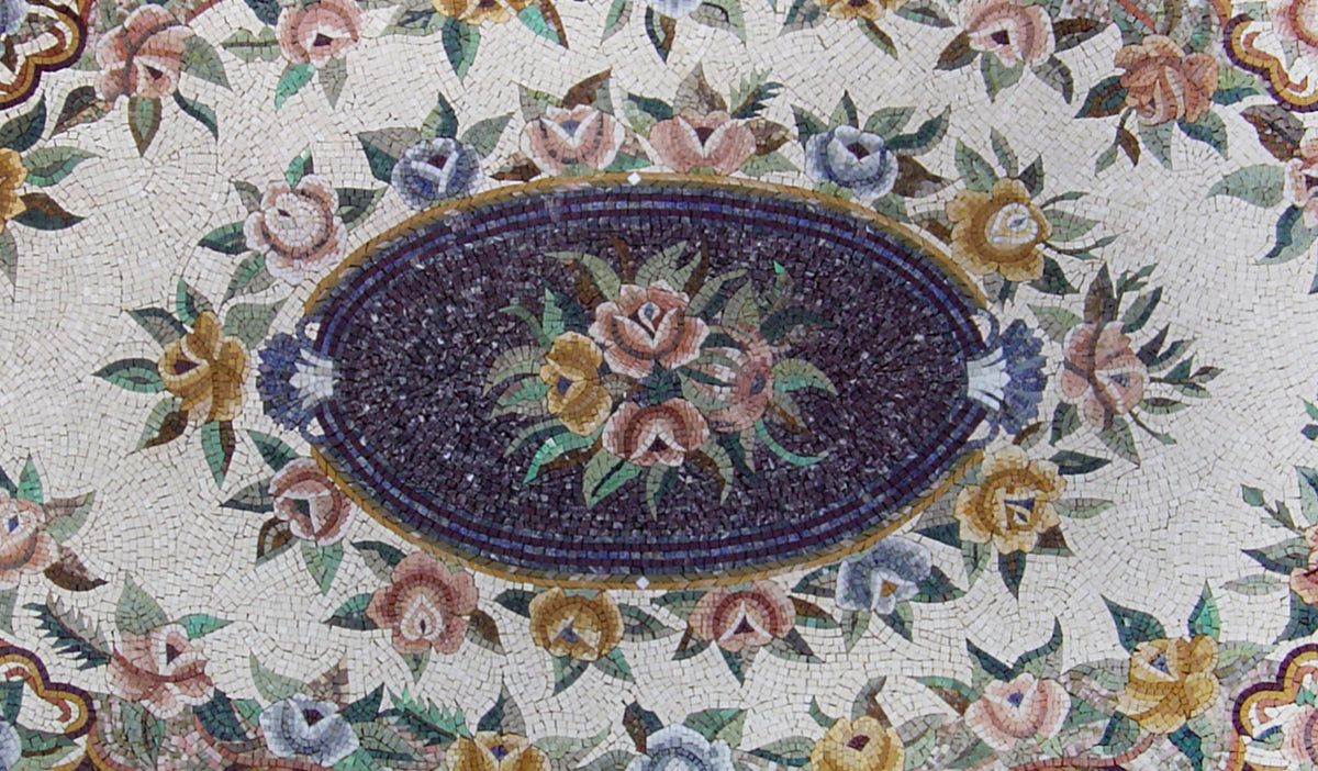 Handmade Marble Mosaic Rug: Floral Art Tile, Home Decor (64” x 110")