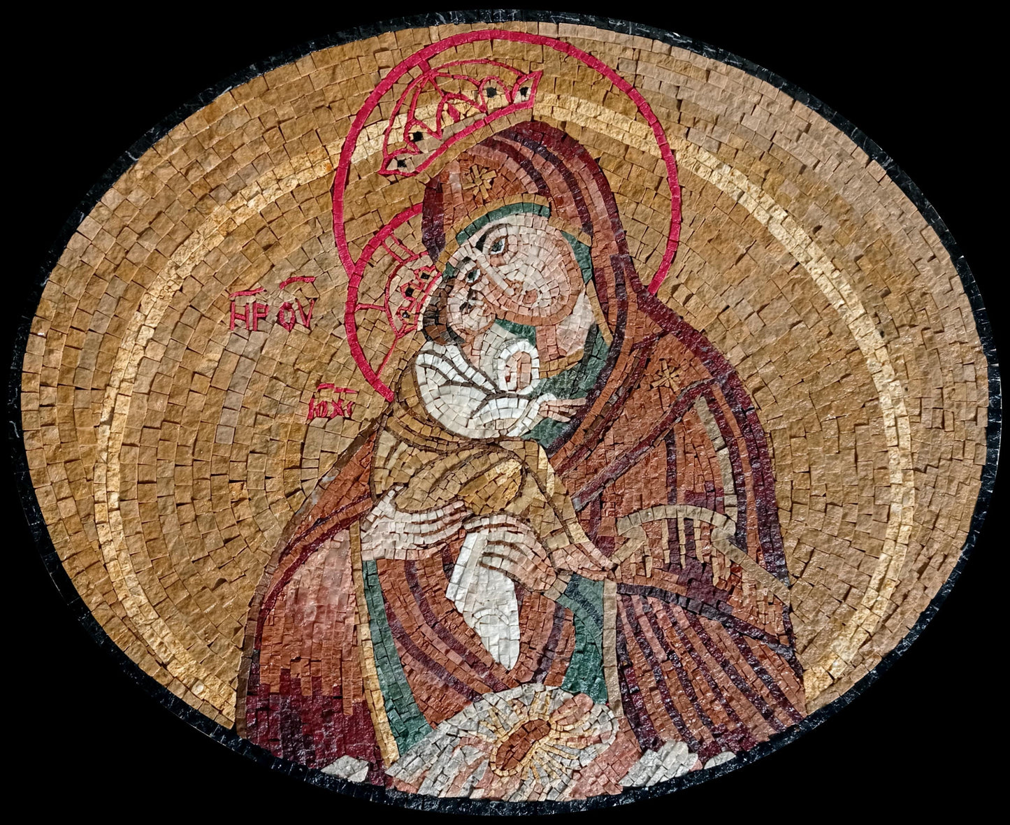 36"x30" Virgin Mary and Baby Jesus Mosaic – Byzantine Icon Reproduction, Customization Available
