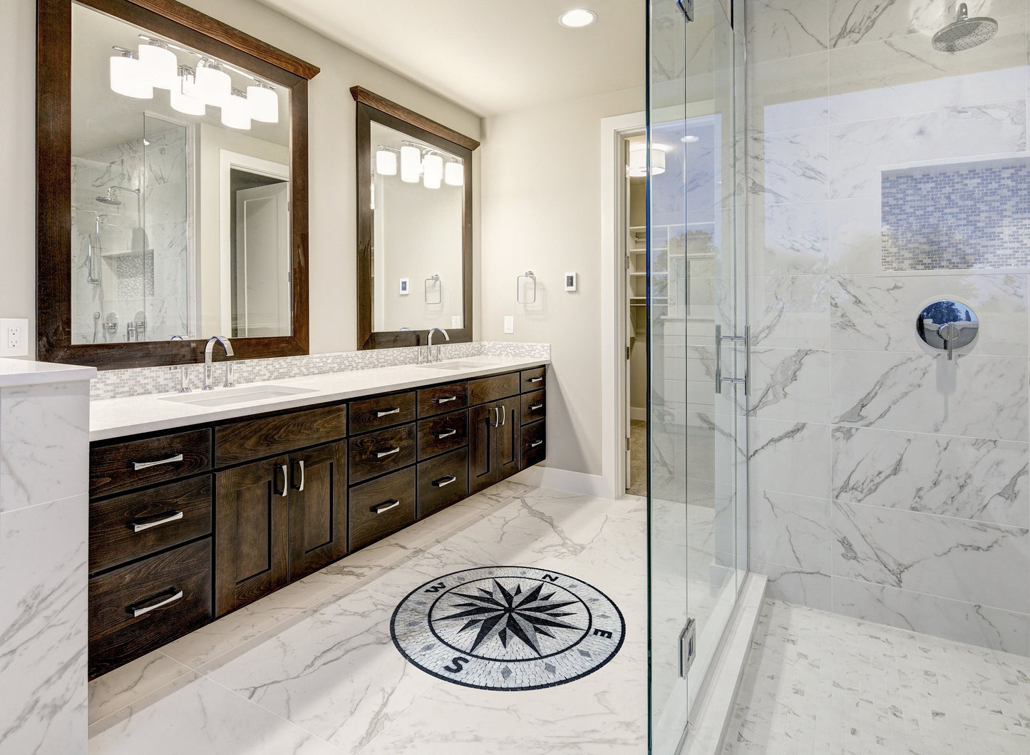 Handmade Marble Mosaic Medallion: Black and Grey Compass Artwork