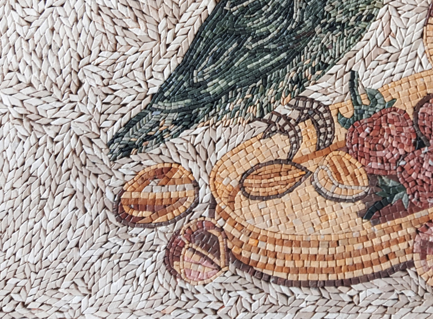 Handmade Parrot and Fruit Basket Mosaic Tile Art: Kitchen Backsplash