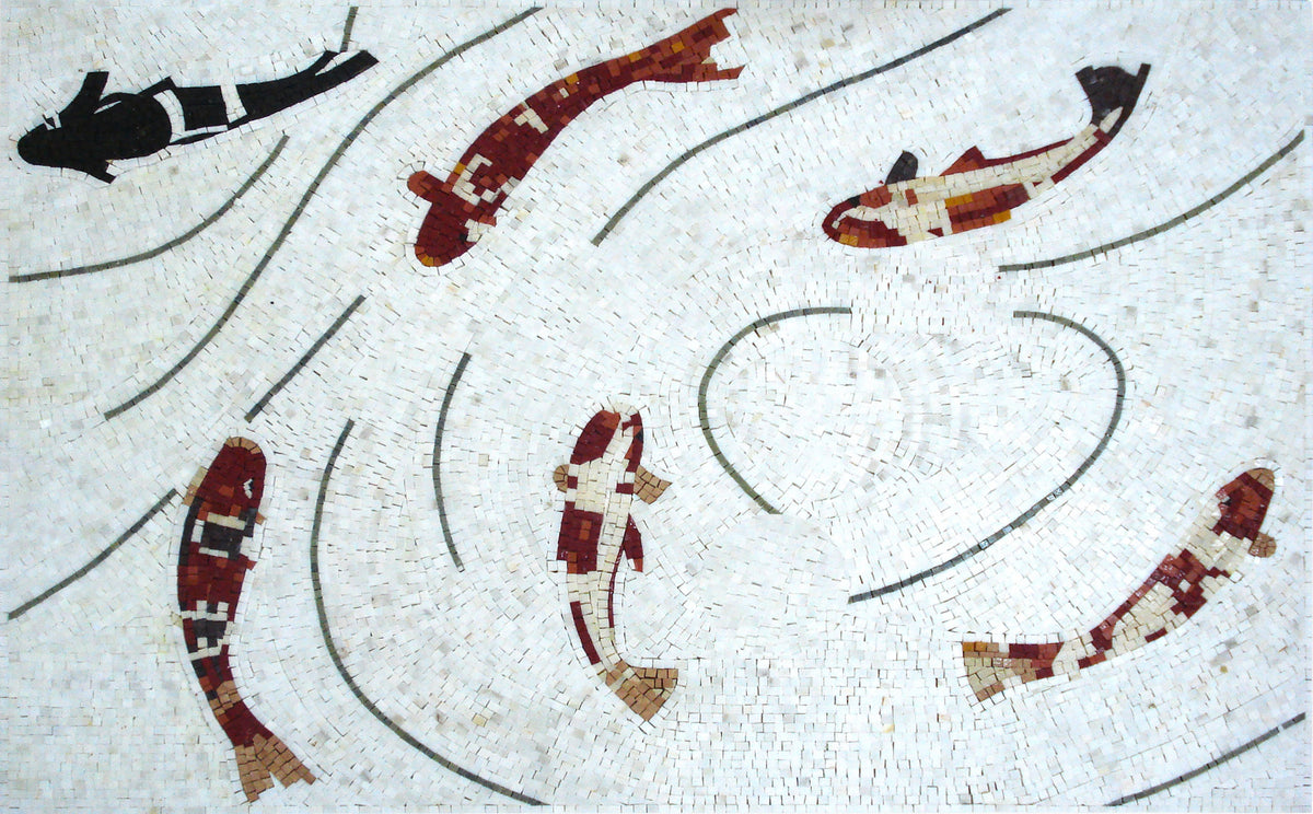 Handmade Marble Fish Mosaic Tile Art: Kitchen Backsplash Mural (40" x 28")