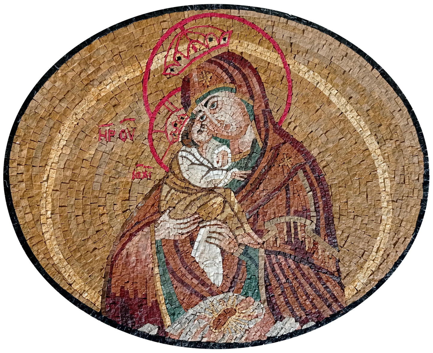 36"x30" Virgin Mary and Baby Jesus Mosaic – Byzantine Icon Reproduction, Customization Available