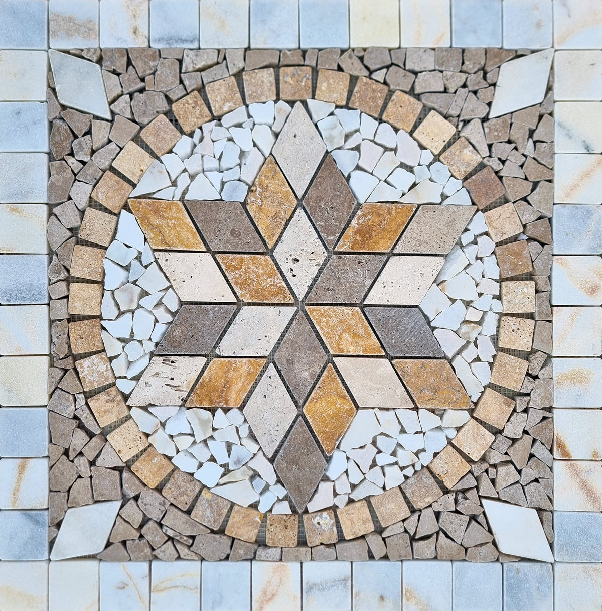 Handmade Travertine Mosaic Medallion: Tropical Stone Art, 24"