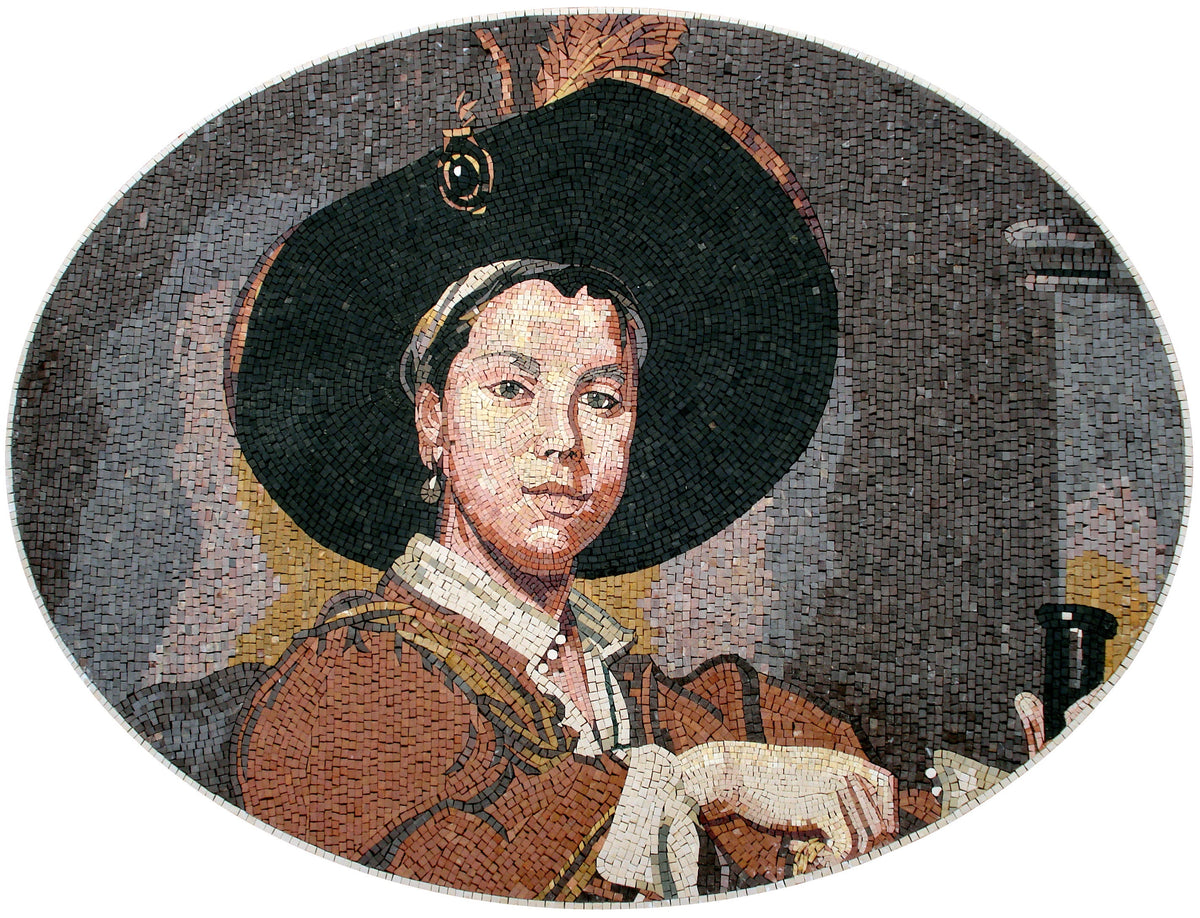 Boy with Cavalier Hat Mosaic Mural: Handmade Stone Tile Art