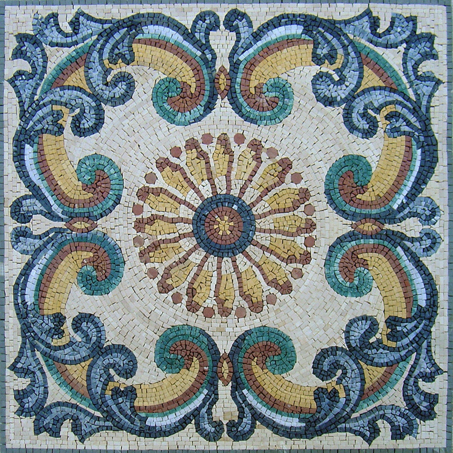48” Handmade Floral Marble Mosaic Tile: Botanical Inlay Art