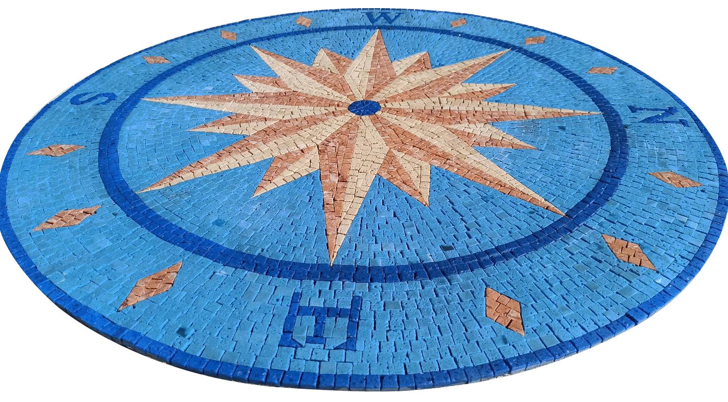 Crafted Nautical Beauty - Handmade Compass and Pool Medallion Marble Mosaic Art Tiles - Customization available