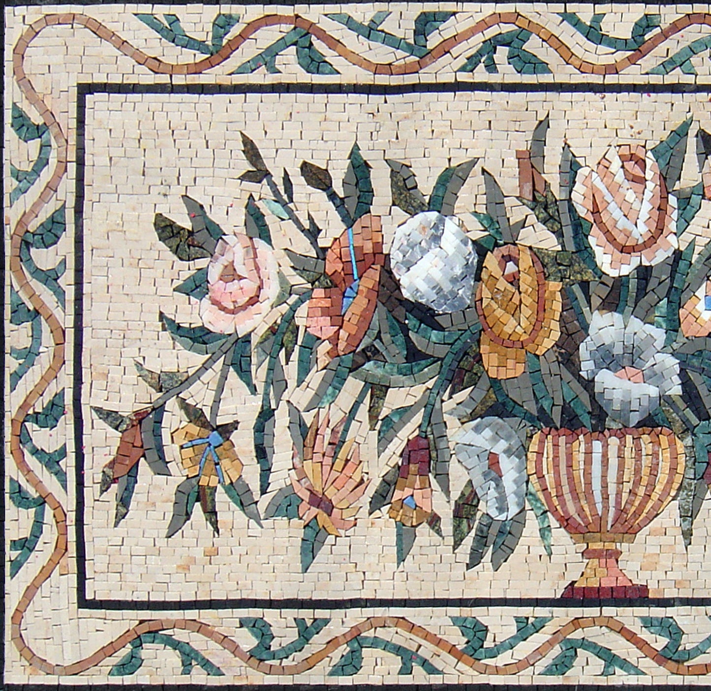 Handmade Marble Mosaic: Flower Bouquet in Vase Art (40"x24")