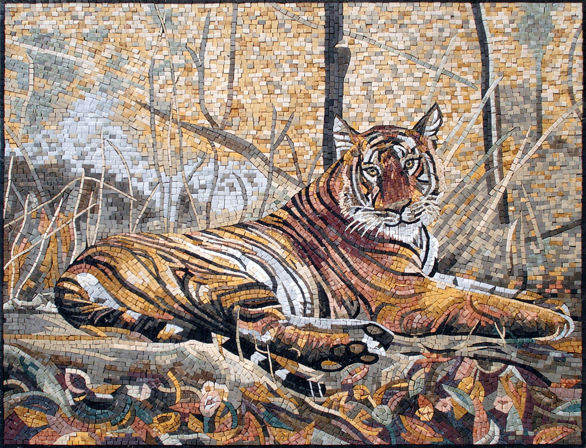 Handmade Tiger Mosaic Tile Mural: Jungle Animal Wall Art (48” x 36")