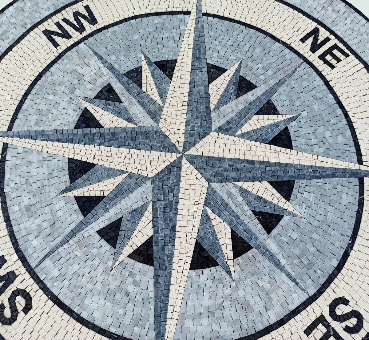 Modern Elegance - Mosaic Art Design - Grey and White Compass Rose Mosaic Medallion - Customization available