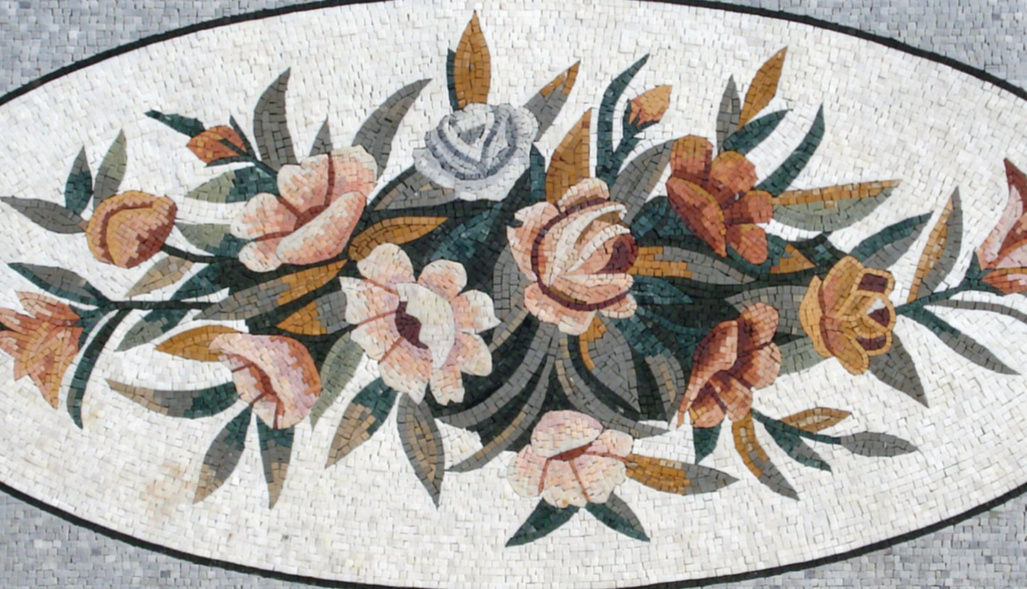 Handmade Marble Stone Rug: Floral Mosaic Carpet (80” x 40")