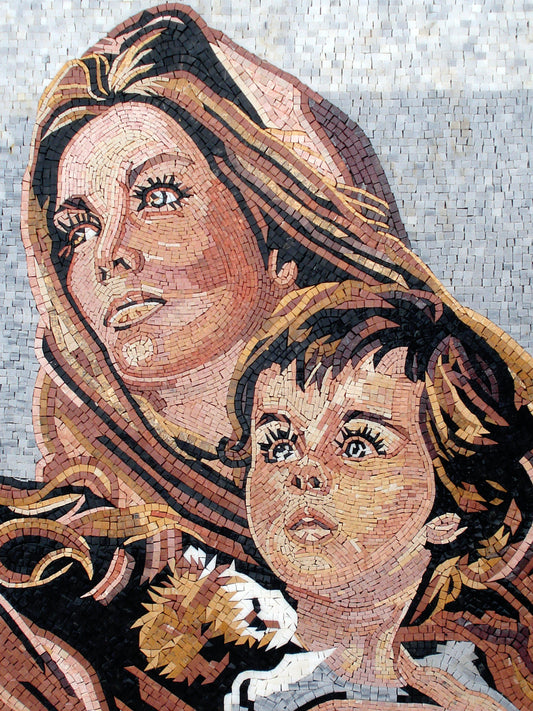 Handmade Mother and Child Marble Mosaic Tile Art (40” x 28")